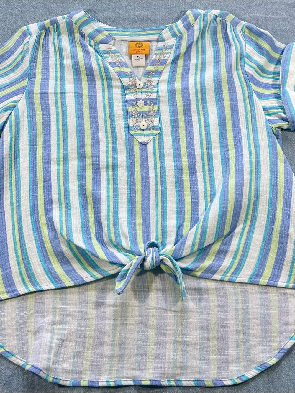 Ruby Rd. Striped Tie-Front Blouse in Blue, Green & White